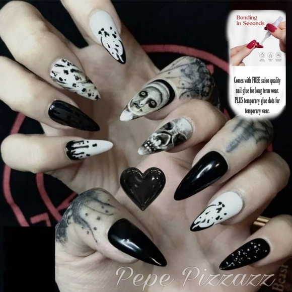 Hand Crafted Makeup Goth Nails Glue On Press On With Free Glue Tabs